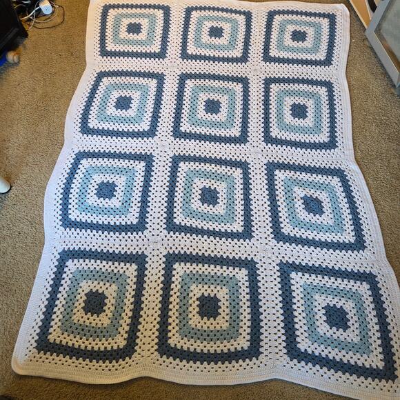 Handmade Blue White Crochet Granny Square Afghan Blanket 88x63 - Picture 3 of 9